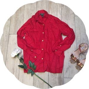 Ralph Lauren Red Linen Long Sleeve Blouse